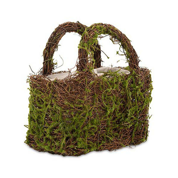 Faux Moss And Wicker Basket With Handles And Liner - 2 Pieces
