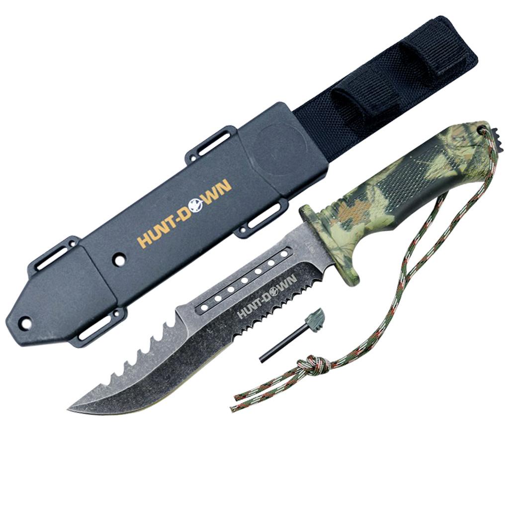 Hunt-Down Forest Camo 12 in. Carbon Steel Hunting Tactical Fixed Blade Sharp Knife