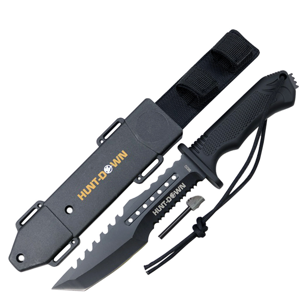 Hunt-Down 12 in. Carbon Steel Hunting Tactical Survival Sharp Knife Plastic Handle