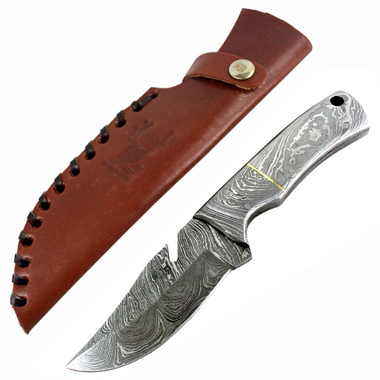 TheBoneEdge 7 in. Silver Fish Hook Damascus Blade Hunting Survival Tactical Knife