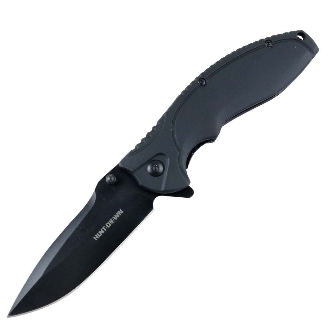 Hunt-Down 8 in. Drop Point Tip Black Rubber Handle Spring Assisted Folding Knife