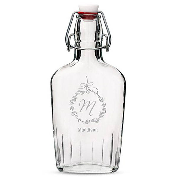 Personalized Clear Glass Hip Flask Botanical Wreath Etching