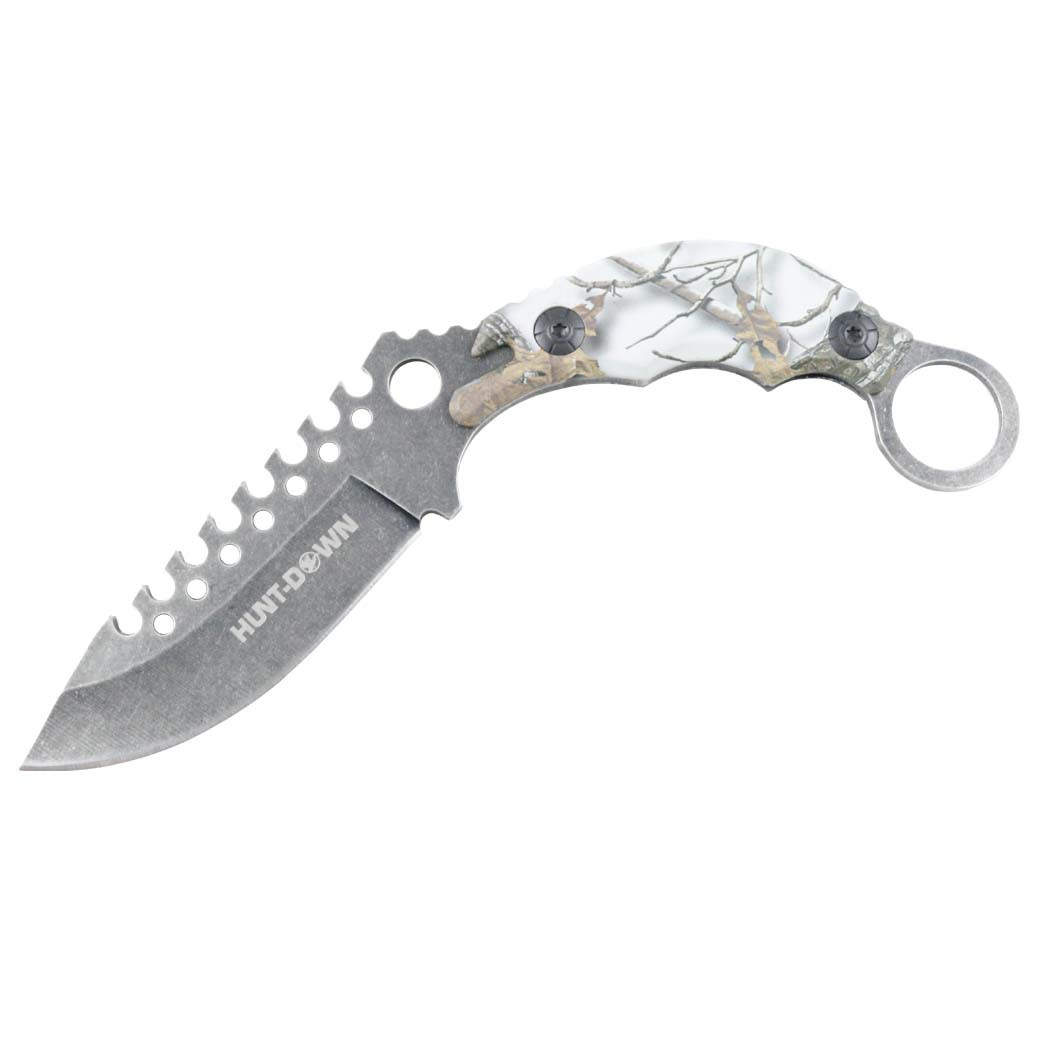 Hunt-Down 8 in. Stonewash Steel Blade Hunting Knife w/ Sheath Snow Forest Handle
