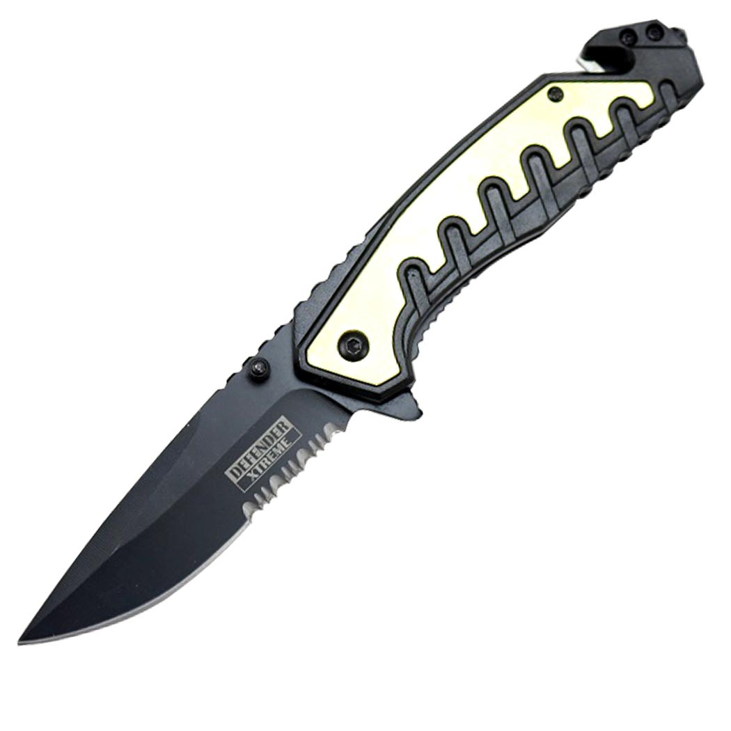 Defender-Xtreme 9 in. Gold and Black Spring Assisted Folding Knife with Belt Clip