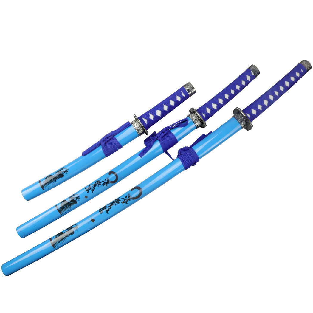 3 Piece Light Blue Samurai Sword Set Carbon Steel Blades with Stand Good Quality