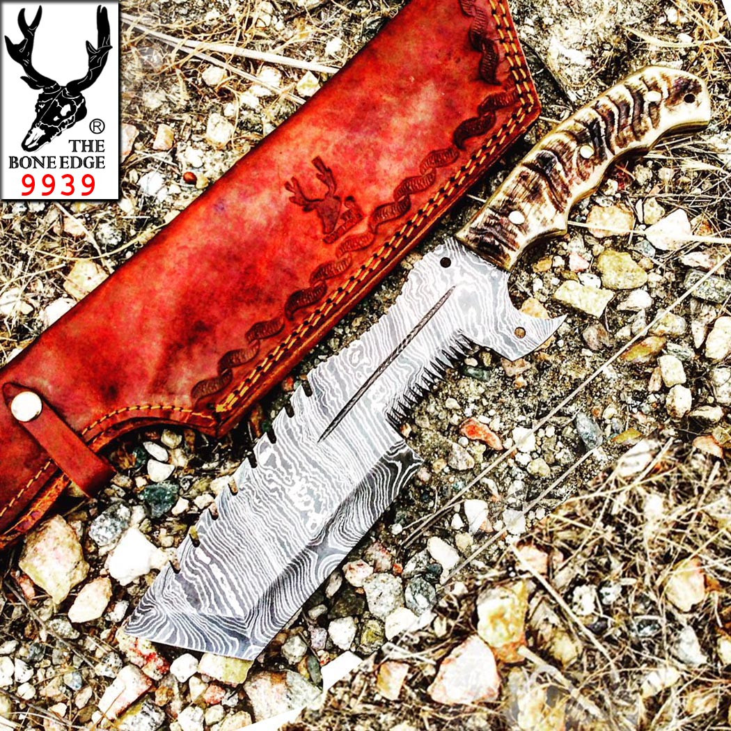 TheBoneEdge 12.5 in. Full Tang Damascus Blade Hunting Knife Ram's Horn Leather Sheath