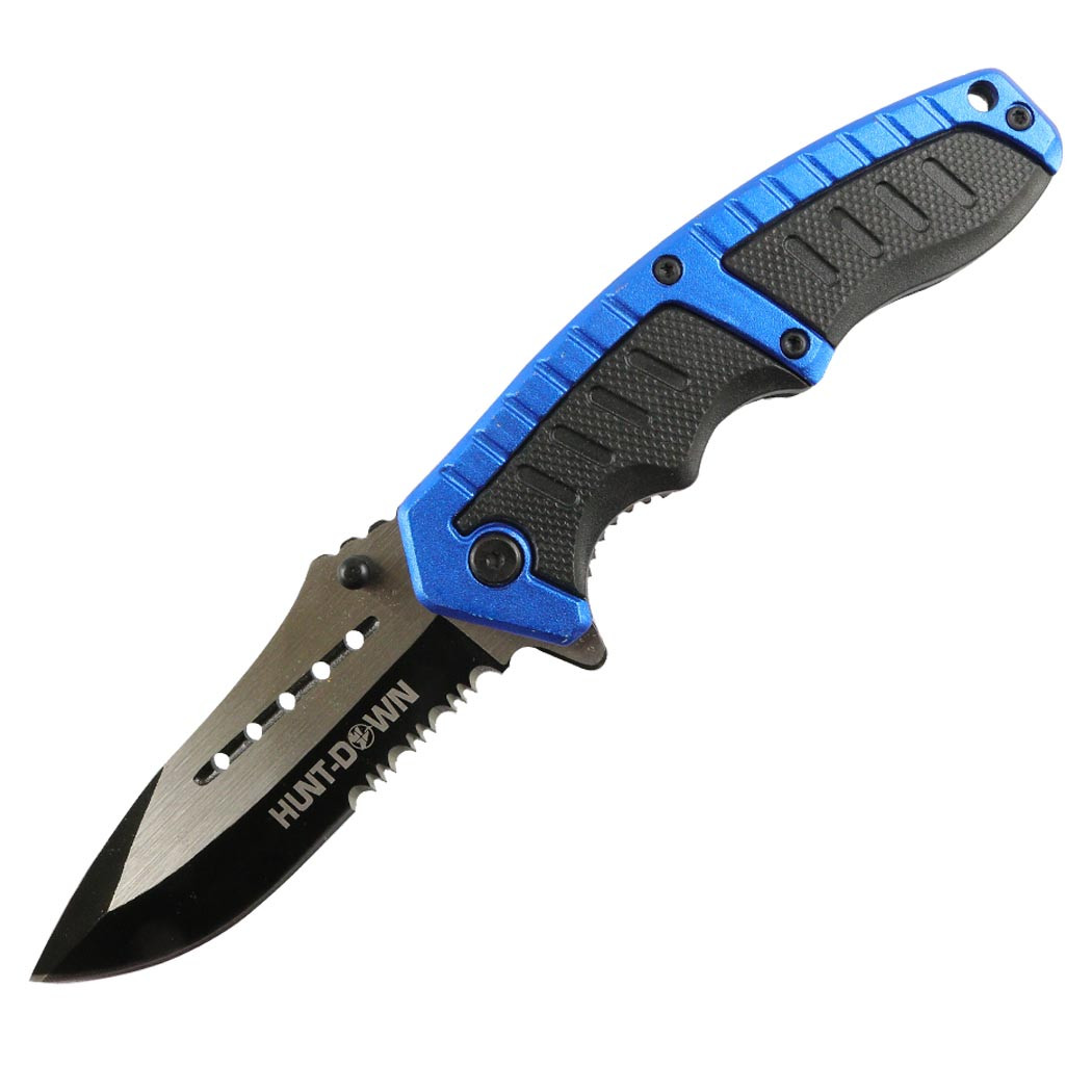 Hunt-Down 8.5 in. Blue & Black Folding Spring Assisted Knife Stainless 3CR13 Steel