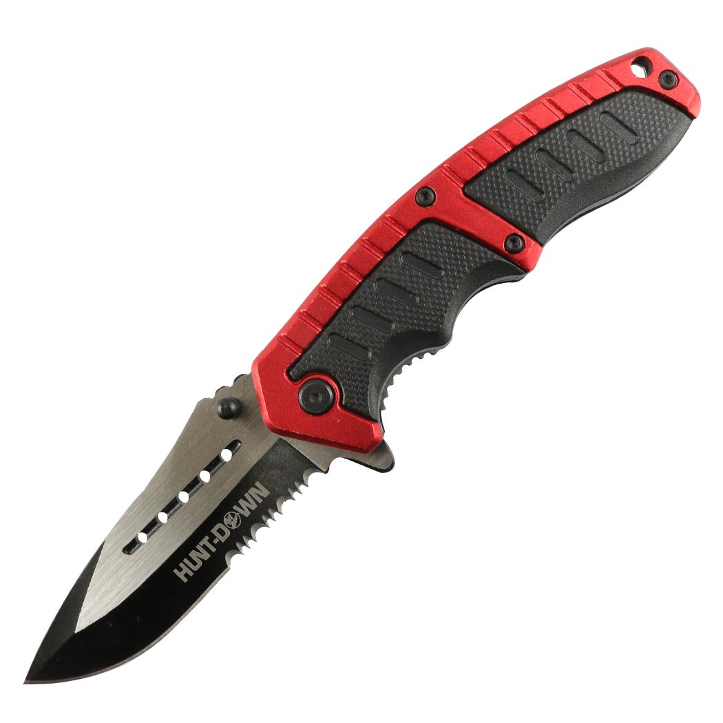 Hunt-Down 8.5 in. Red & Black Folding Spring Assisted Knife Stainless 3CR13 Steel