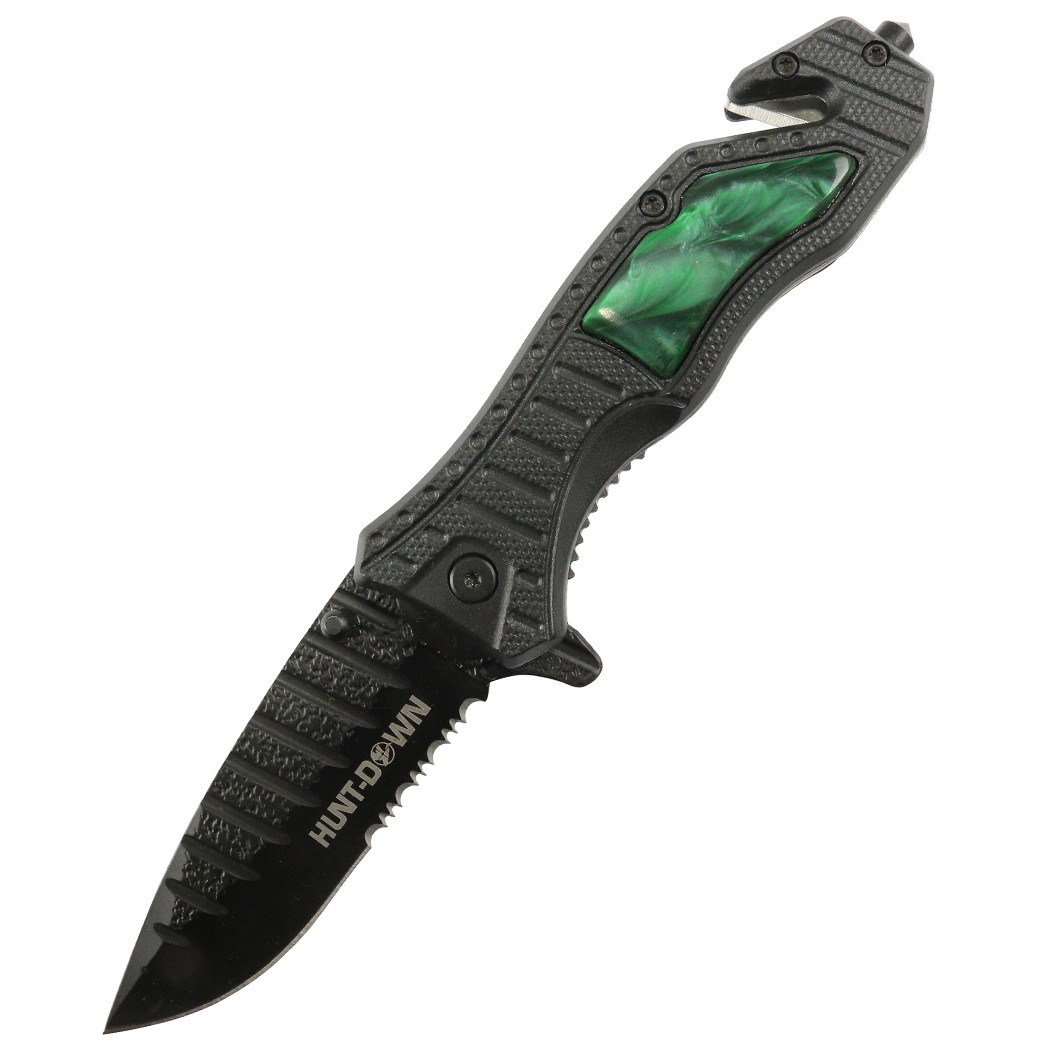 Hunt-Down 8.5 in. Green spring assisted folding knife Belt Cutter Glass Breaker 3CR13 Steel