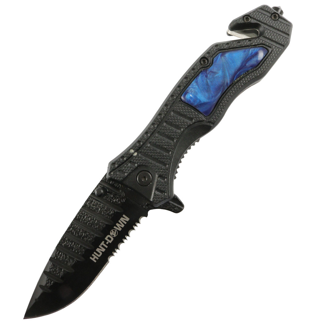 Hunt-Down 8.5 in. Blue spring assisted folding knife Belt Cutter Glass Breaker 3CR13 Steel