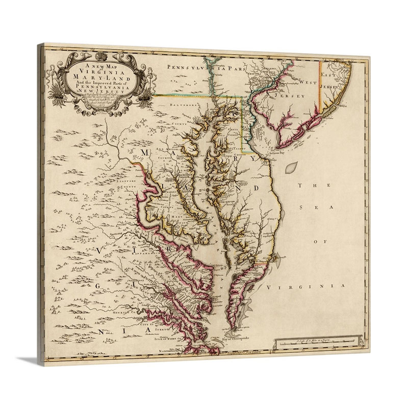 A New Map Of Virginia Maryland And Parts Of Pennsylvania And New Jersey 1719 Wall Art - Canvas - Gallery Wrap
