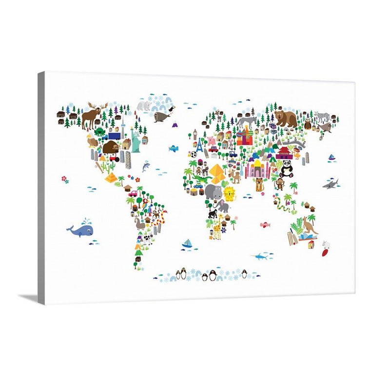 Animal Map Of The World For Children White Wall Art - Canvas - Gallery Wrap