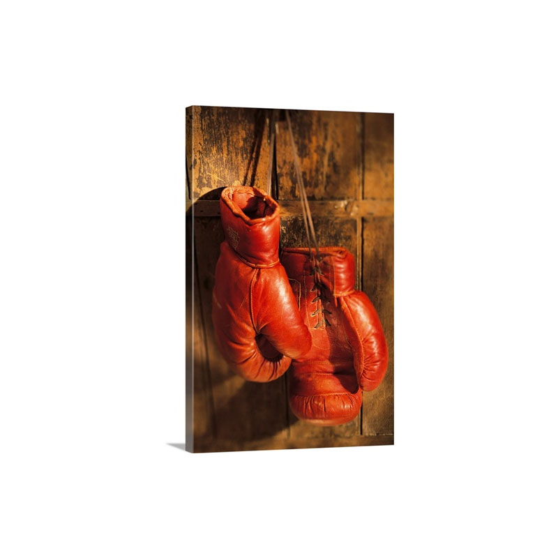 Boxing Gloves Hanging On Rustic Wooden Wall Wall Art - Canvas - Gallery Wrap