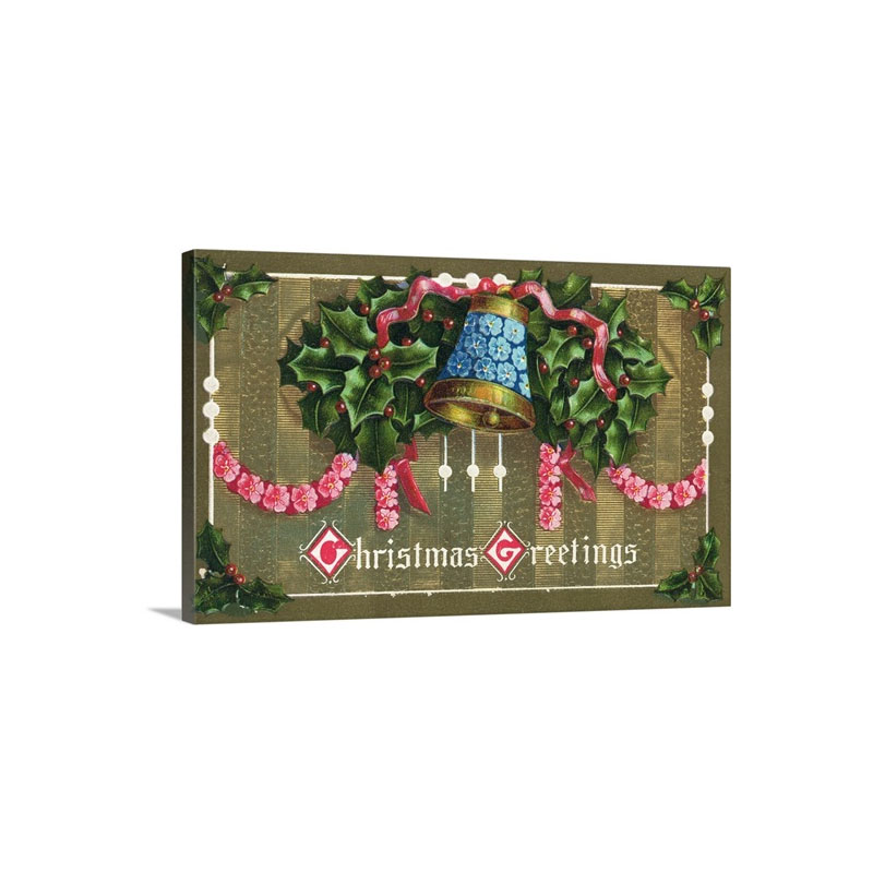 Christmas Card With A Bell And Holly Wall Art - Canvas - Gallery Wrap