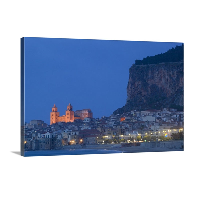 City Lit Up At Dusk Cefalu Sicily Italy Wall Art - Canvas - Gallery Wrap