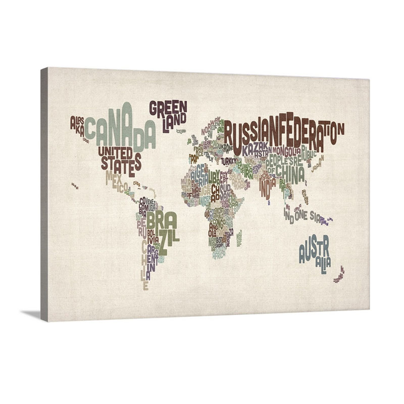 Country Names World Map Muted Colors On Parchment Wall Art - Canvas - Gallery Wrap