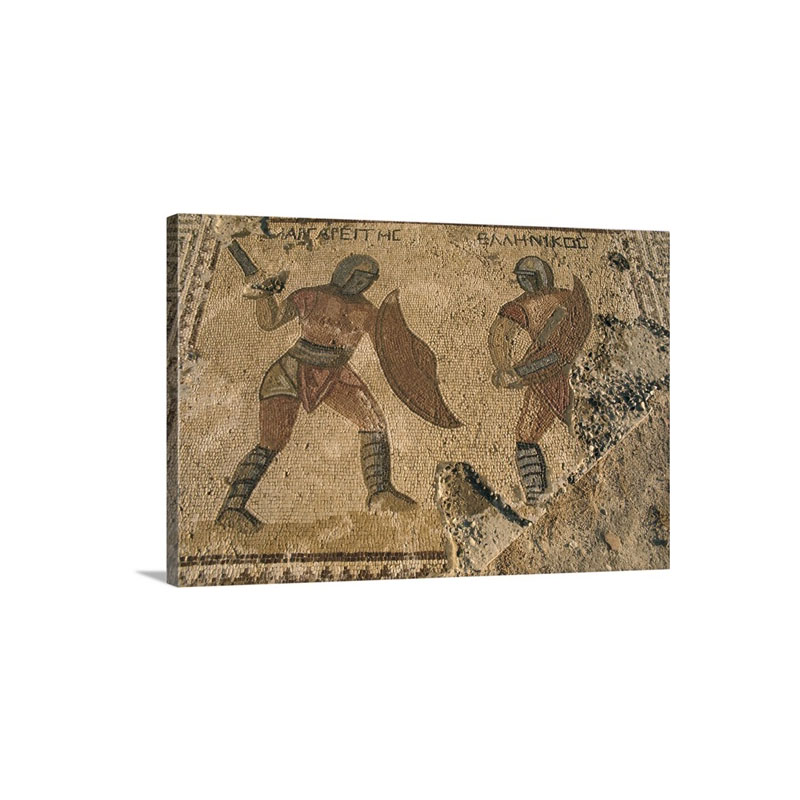 Detail Of Mosaic Warriors With Swords And Shields Kourion Cyprus Wall Art - Canvas - Gallery Wrap