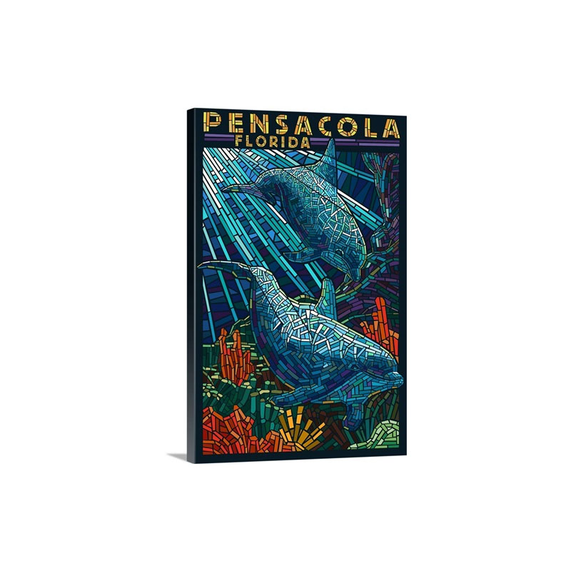 Dolphin Paper Mosaic Pensacola Florida Retro Travel Poster Wall Art - Canvas - Gallery Wrap