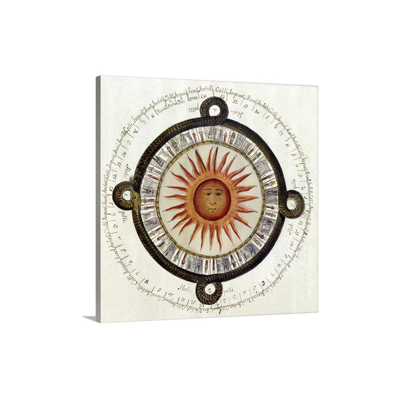 Drawing Of The Aztec Sun Calendar Stone In Mexico Wall Art - Canvas - Gallery Wrap
