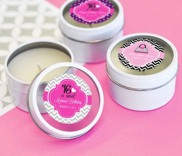 Personalized Sweet 16 or 15 Round Candle Tins - 24 Pieces