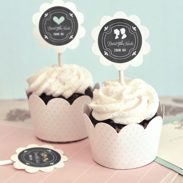 Chalkboard Wedding Cupcake Wrappers & Cupcake Toppers - Set of 24