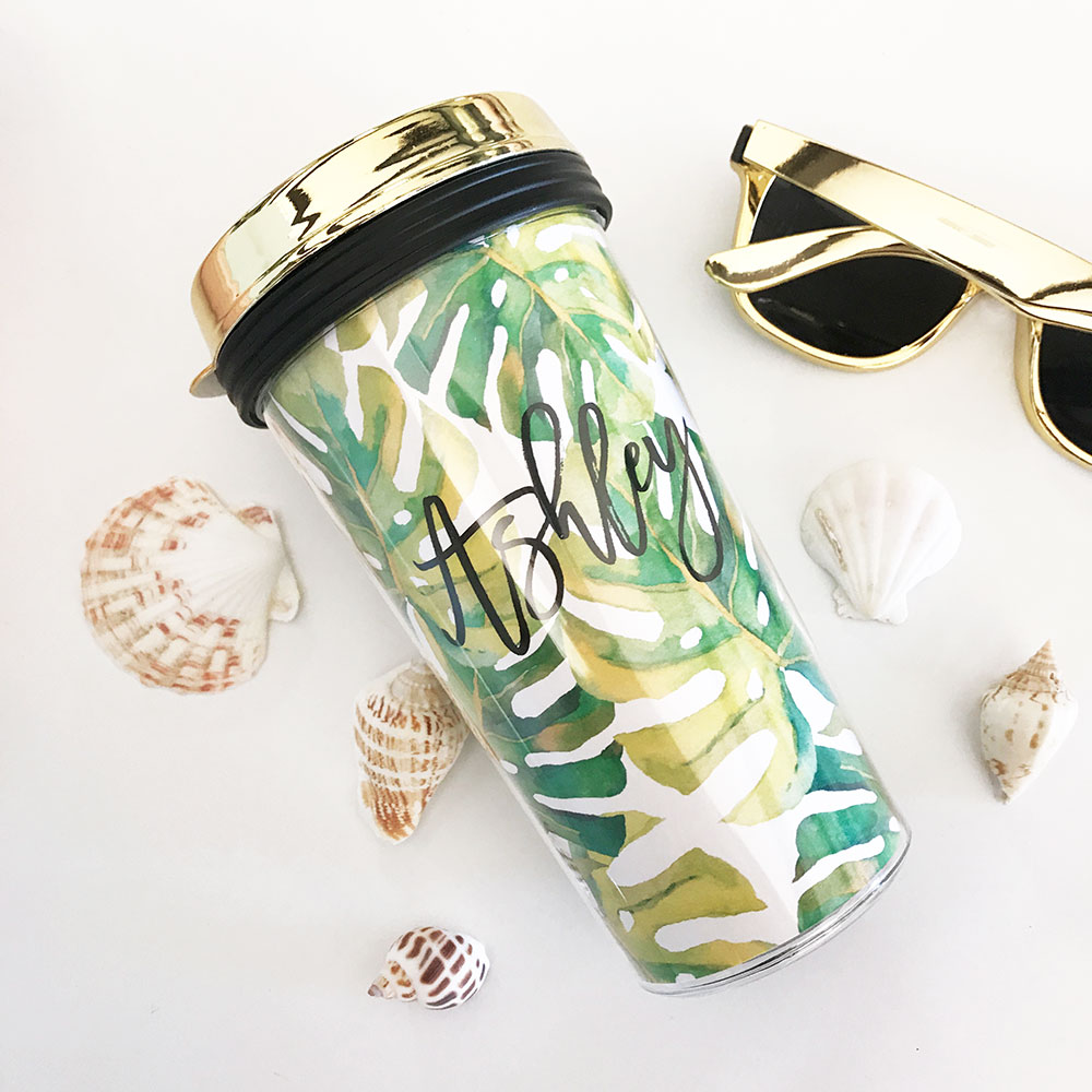 Personalized Tropical Beach Travel Tumblers - Gold Lid
