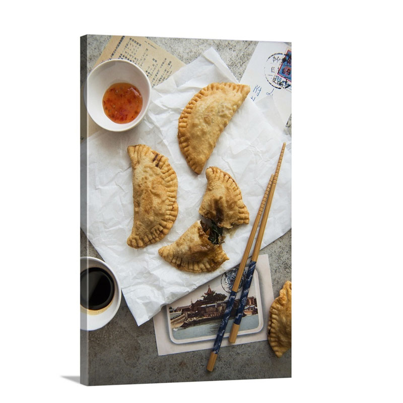 Filled Dim Sum On Paper With Sweet And Sour Sauce And Soy Sauce Wall Art - Canvas - Gallery Wrap