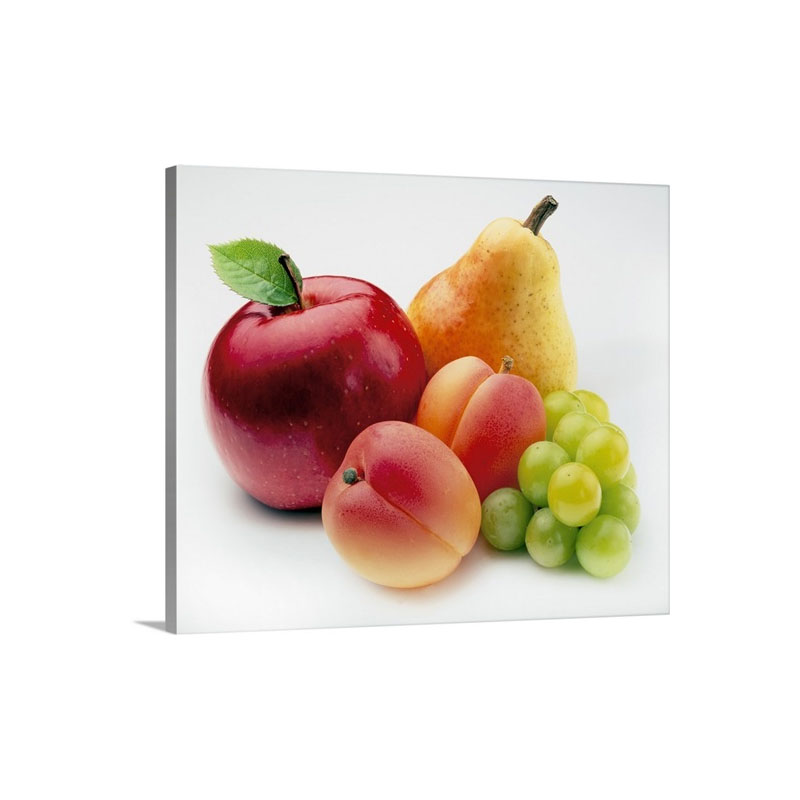 Fresh Red Apple With Leaf Pear Two Apricots And Green Grapes Wall Art - Canvas - Gallery Wrap