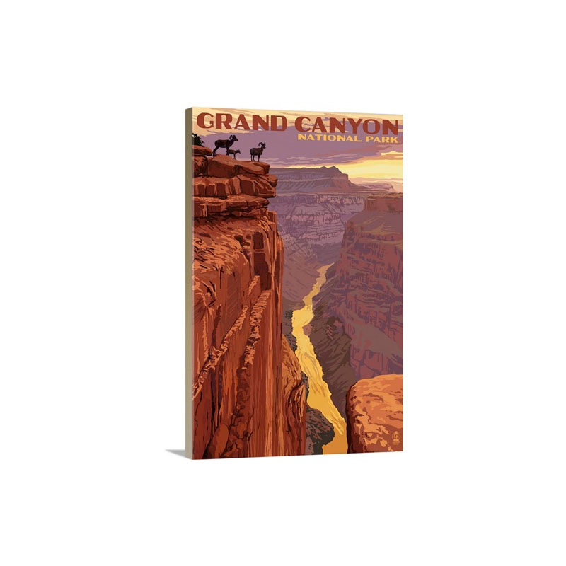 Grand Canyon National Park Bighorn Sheep On Point Retro Travel Poster Wall Art - Canvas - Gallery Wrap