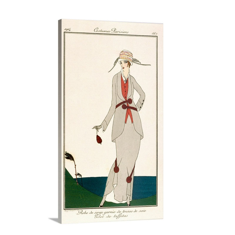 Grey Linen ladies Suit With Taffetta Waistcoat From Costumes Parisiens 1914 Wall Art - Canvas - Gallery Wrap