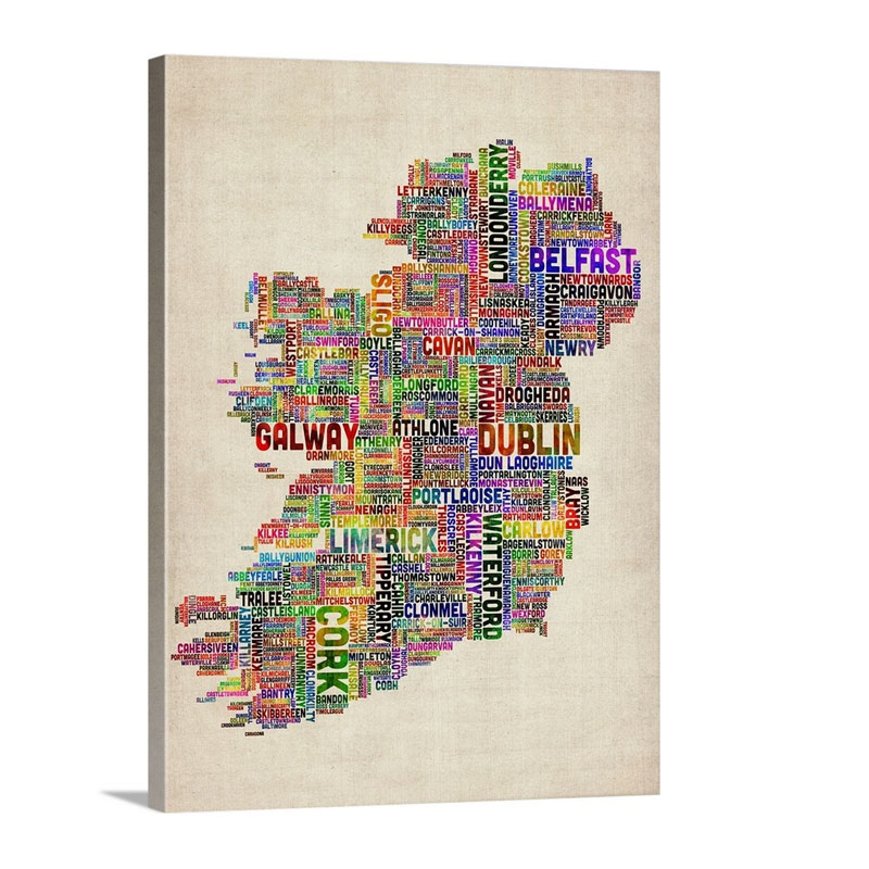 Irish Cities Text Map Multicolor On Parchment Wall Art - Canvas - Gallery Wrap