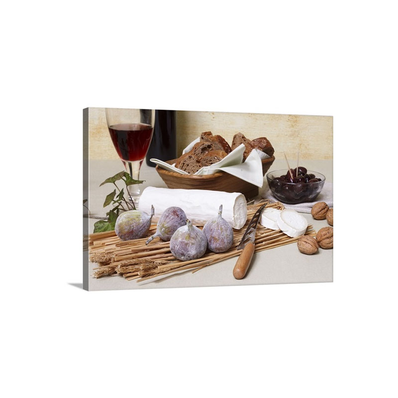 Log Of Goat's Cheese With Figs Nuts Olives Bread And Red Wine Wall Art - Canvas - Gallery Wrap