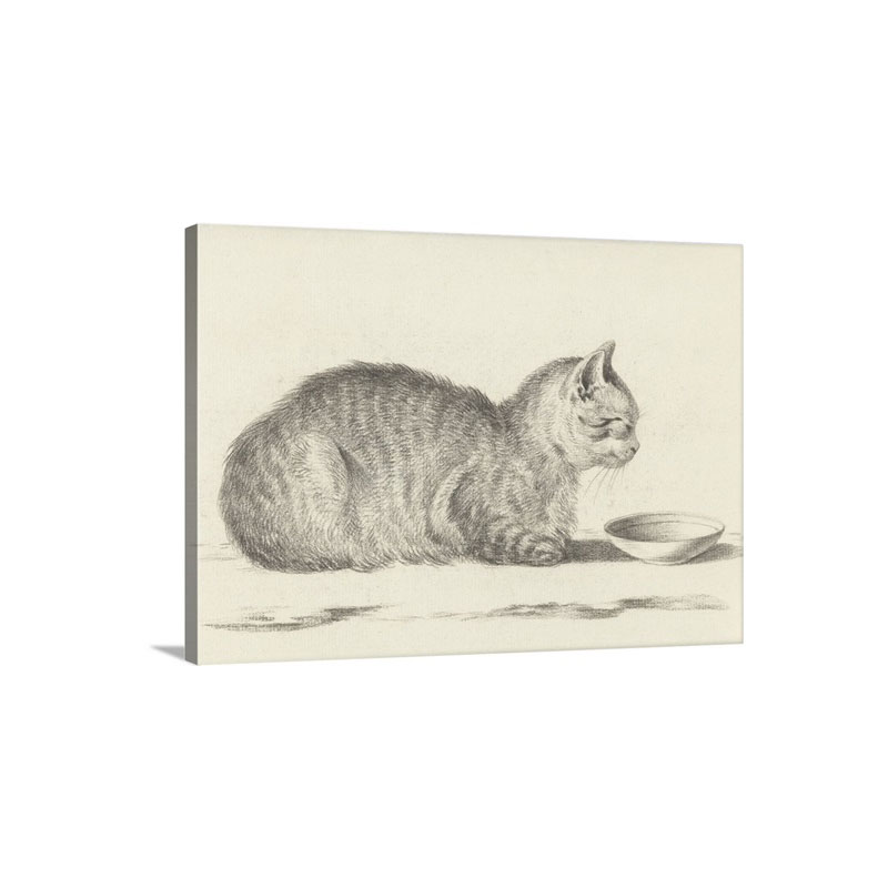 Lying Cat Facing Right By A Dish By Jean Bernard 1812 Dutch Chalk Drawing Wall Art - Canvas - Gallery Wrap