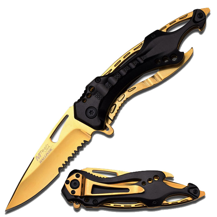 MTech 8.25 in. Stainless Steel Spring Assisted Knife Golden & Black Aluminum Handle