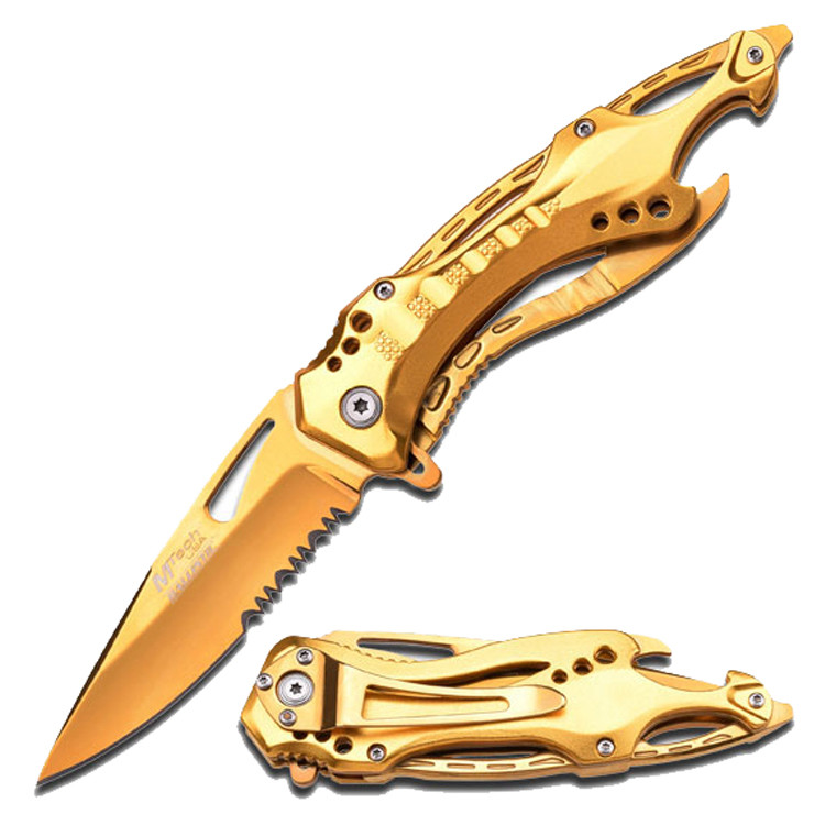 MTech 8.25 in. Stainless Steel Spring Assisted Knife Golden Coated Aluminum Handle