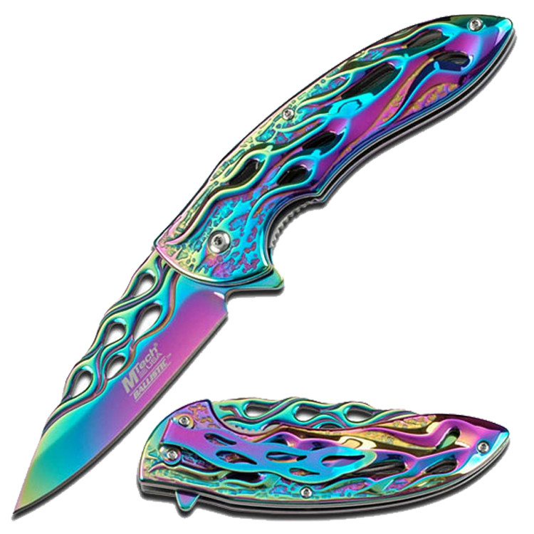 MTech 7.75 in. Stainless Steel Spring Assisted Knife Flame Cut Out Pattern Rainbow Handle