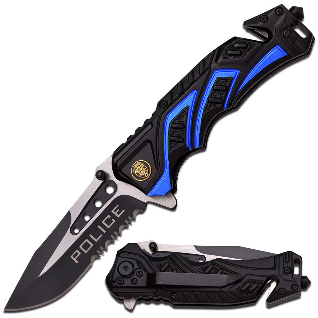 MTech USA Spring Assisted Knife Black Half Serrated Blade With Police Logo