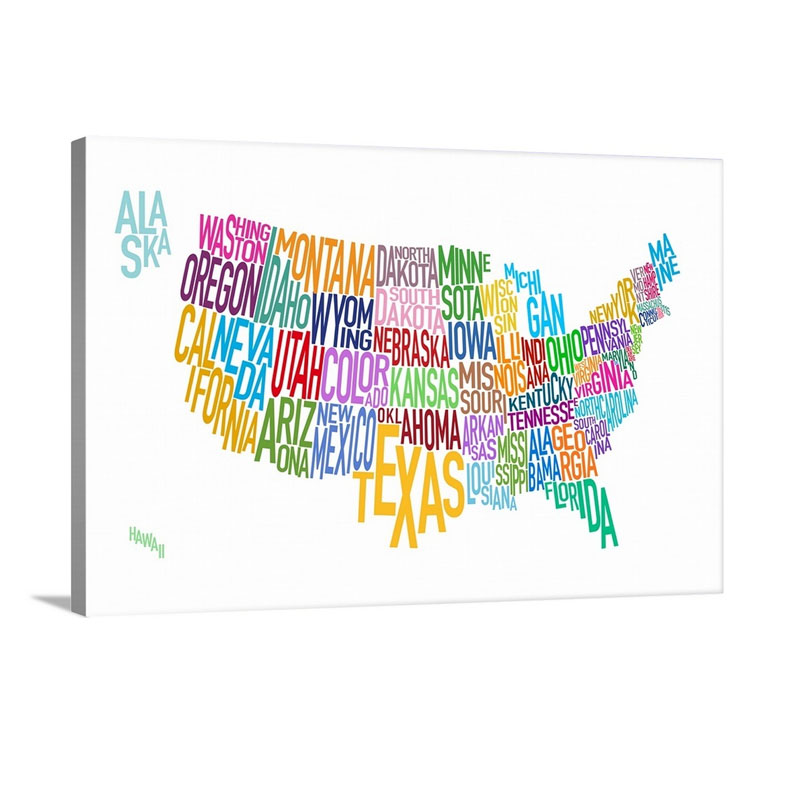 Map Of USA Showing State Names In Text Wall Art - Canvas - Gallery Wrap