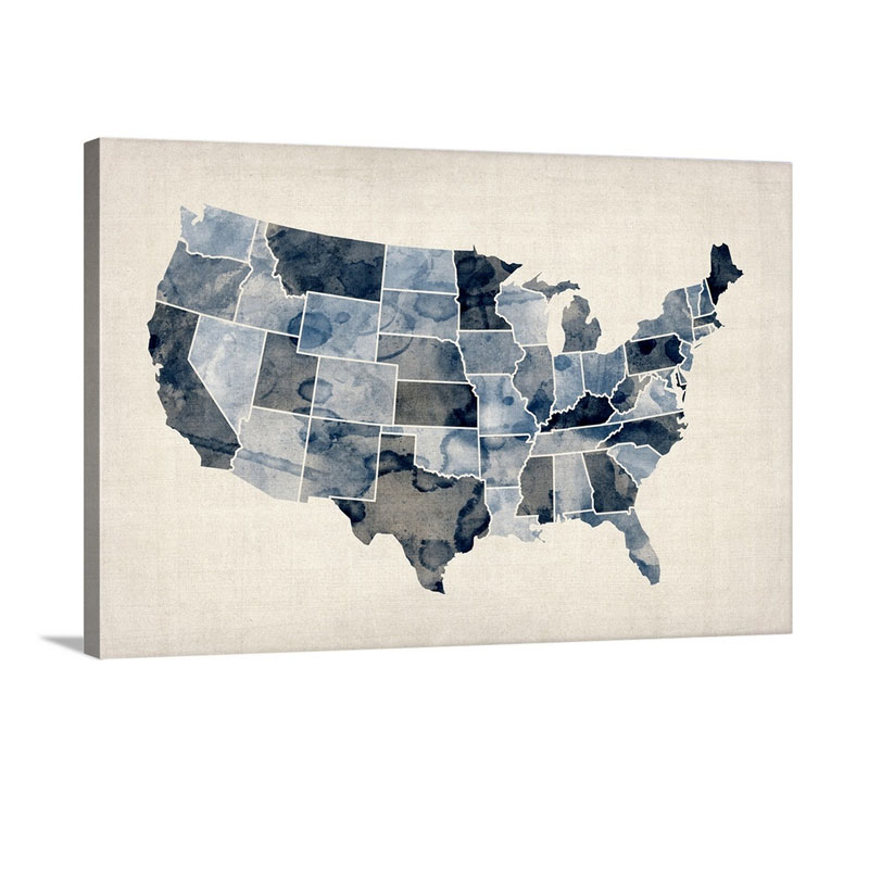 Map Of United States Of America Watercolor In Blue Wall Art - Canvas - Gallery Wrap