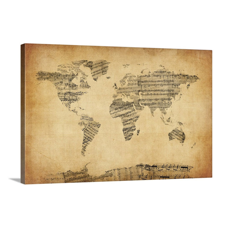 Map Of The World Map From Old Sheet Music Wall Art - Canvas - Gallery Wrap