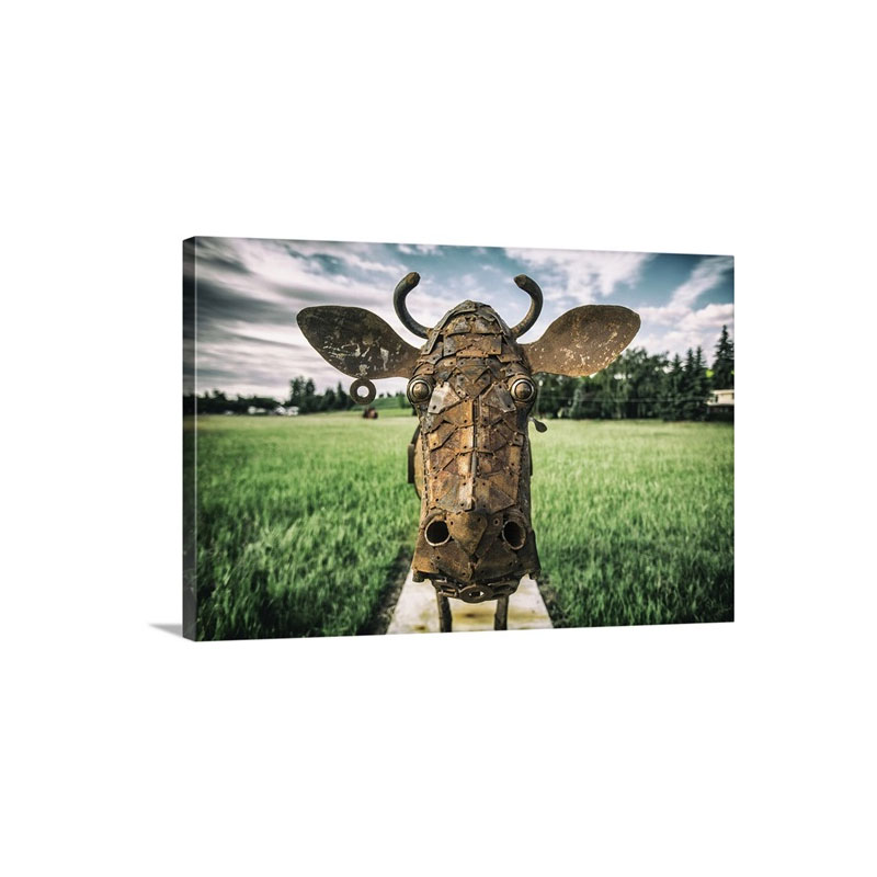 Metal Cow Sculpture In The Palouse Washington Wall Art - Canvas - Gallery Wrap