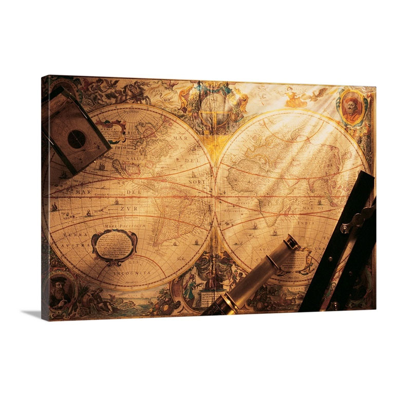 Old Fashion World Map With Navigational Tools On Top Wall Art - Canvas - Gallery Wrap