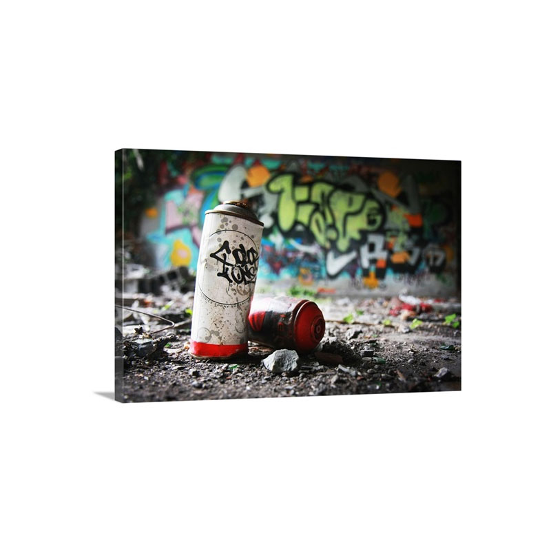 Piece Of Evidence  Empty Paint Can In Front Of Graffiti Covered Wall Wall Art - Canvas - Gallery Wrap