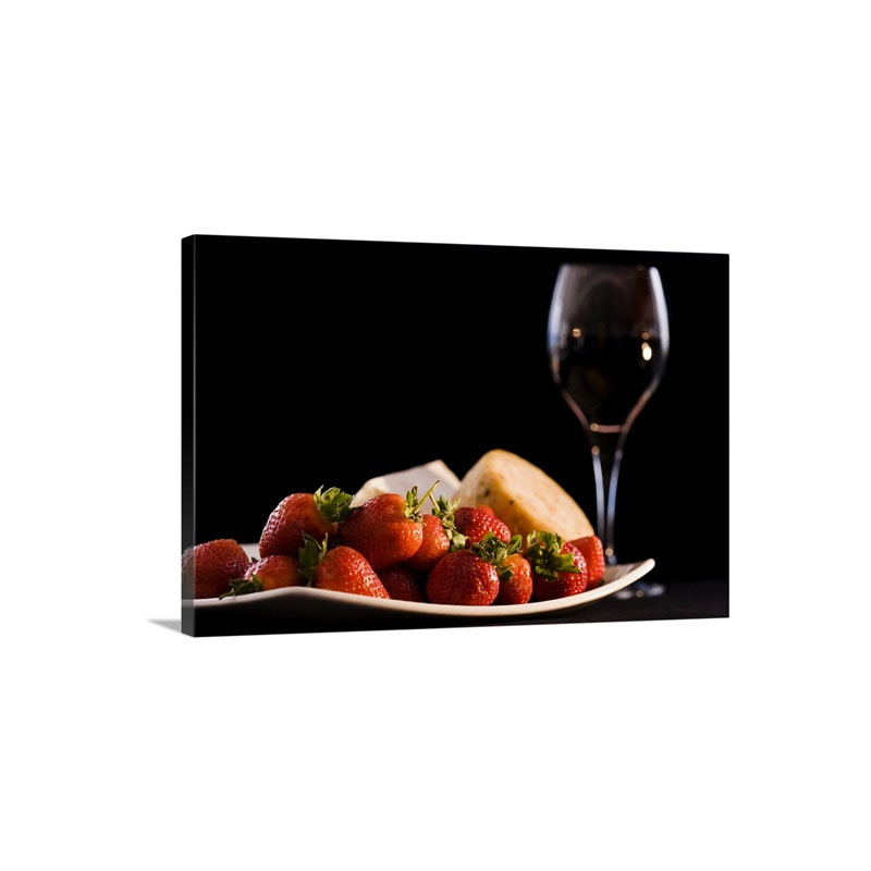 Plate Of Strawberries And Cheeses By Glass Of Red Wine Wall Art - Canvas - Gallery Wrap