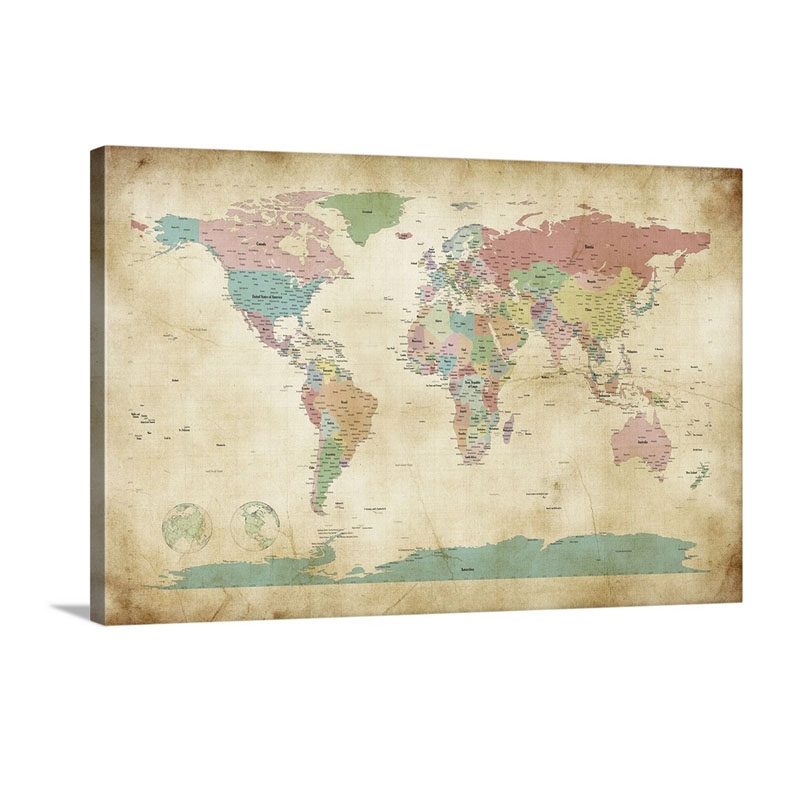 Political Map Of The World Map Antique Wall Art - Canvas - Gallery Wrap