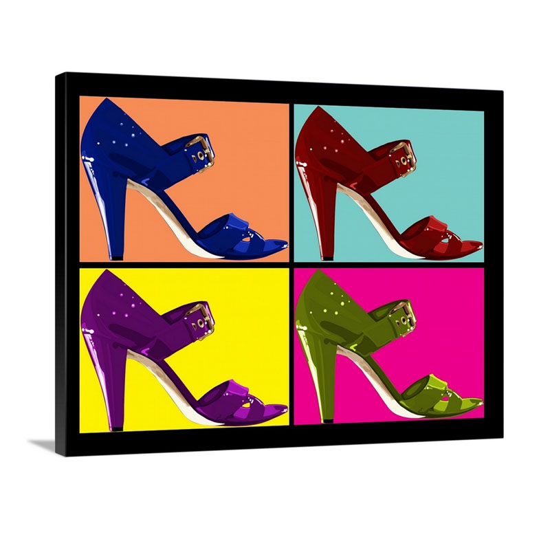 Pop Art Stylized Grid Of Multi Colored High Heeled Shoes Wall Art - Canvas - Gallery Wrap