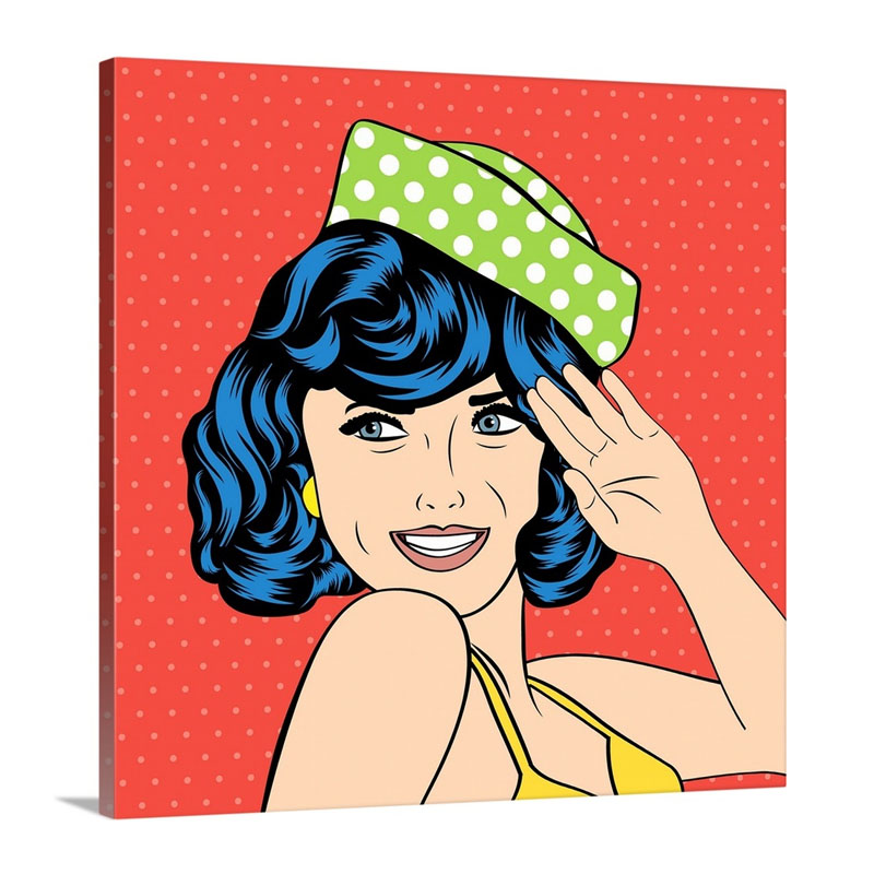 Pop Art Stylized Woman With Green Sailor Hat Against A Red Background Wall Art - Canvas - Gallery Wrap
