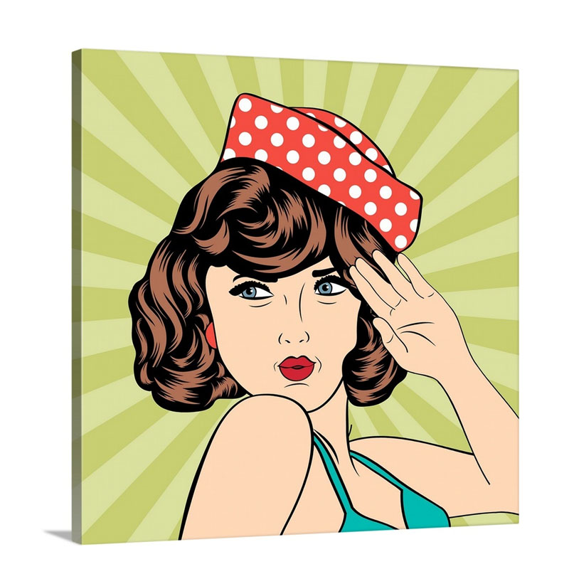 Pop Art Stylized Woman With Red Sailor Hat Against a Green Background Wall Art - Canvas - Gallery Wrap