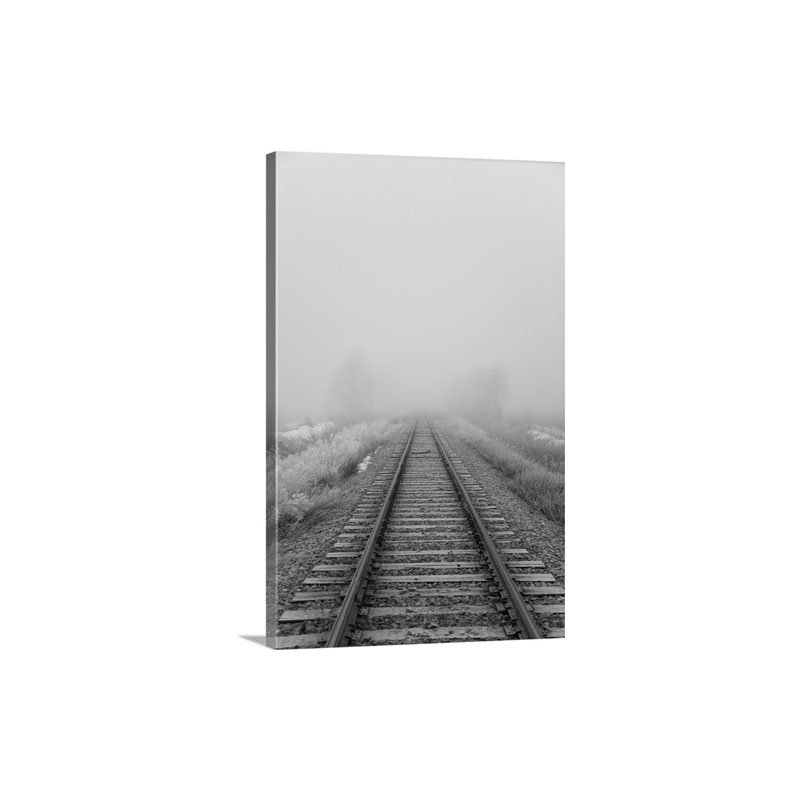 Railroad Tracks Fade Into The Morning Fog Wall Art - Canvas - Gallery Wrap