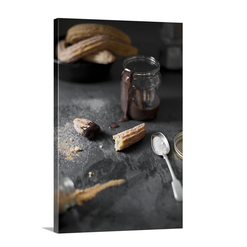 Spanish Churros With Sugar And Dark Chocolate In A Jar Wall Art - Canvas - Gallery Wrap